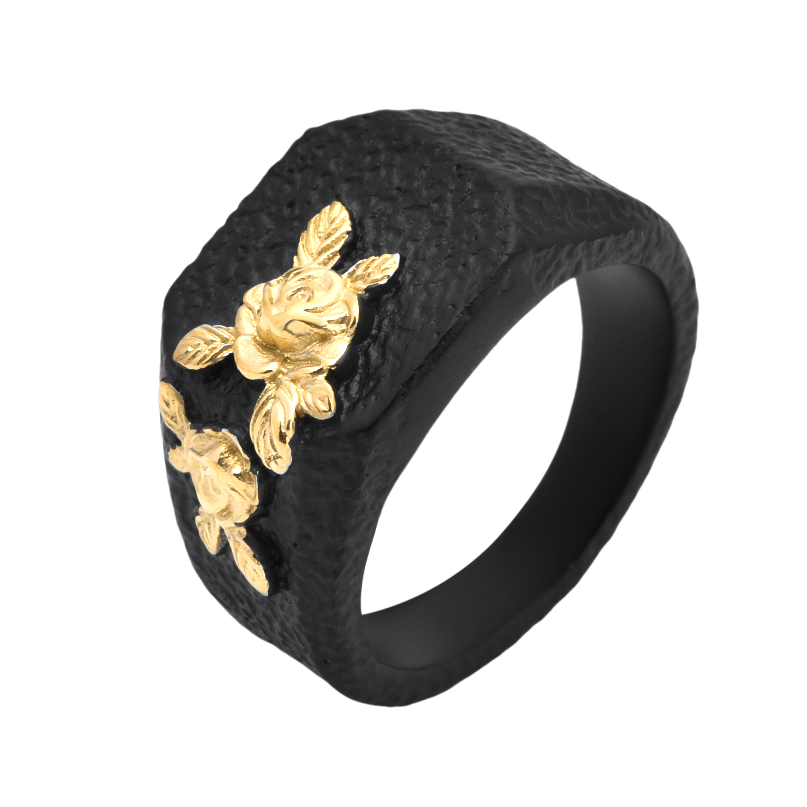 Black Square Ring for Men With Golden Floral Inlays