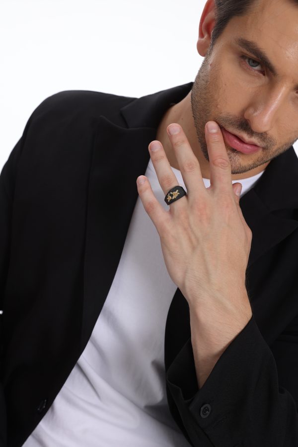 Black Square Ring for Men With Golden Floral Inlays - Image 2